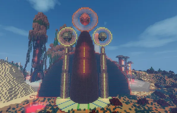Trees, lights, mountain, tower, arch, Playground, Minecraft, vines