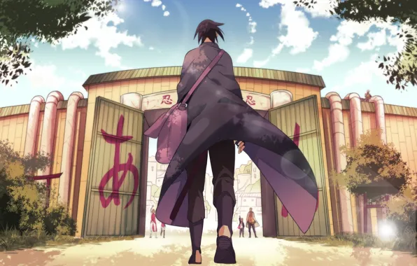 Meeting, gate, bag, cloak, friends, Sasuke Uchiha, Sakura Haruno, return home