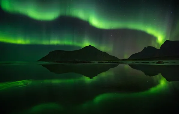 Beach, the sky, water, reflection, mountains, night, Northern lights