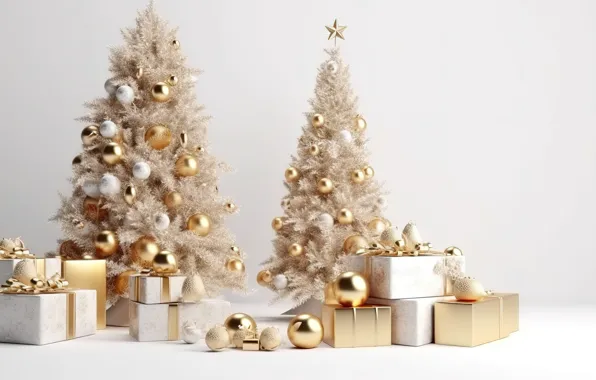 Balls, tree, New Year, Christmas, gifts, golden, white, new year