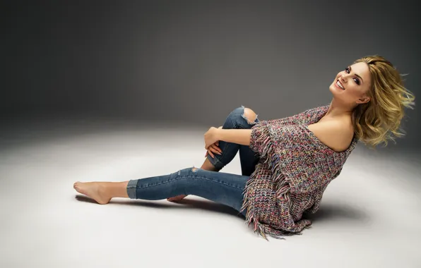 Pose, smile, background, jeans, makeup, hairstyle, brown hair, beauty