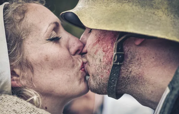 Woman, kiss, soldiers, helmet, helmet
