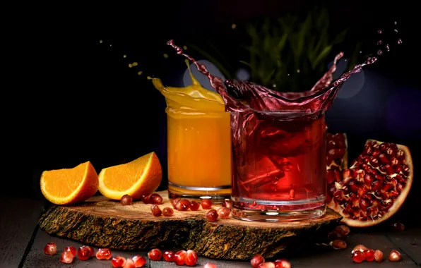 Squirt, table, Board, ice, splash, oranges, juice, glasses