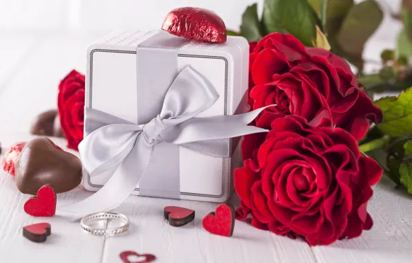 Flowers, red, gift, roses, bouquet, hearts, red, love