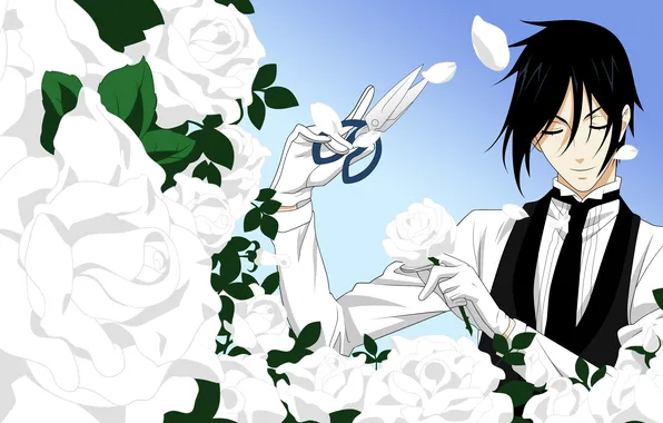 Roses, the demon, art, white, scissors, kuroshitsuji, dark Butler, sebastian michaelis