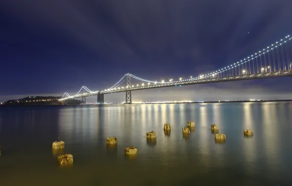 Picture night, bridge, lights, Bay, San Francisco