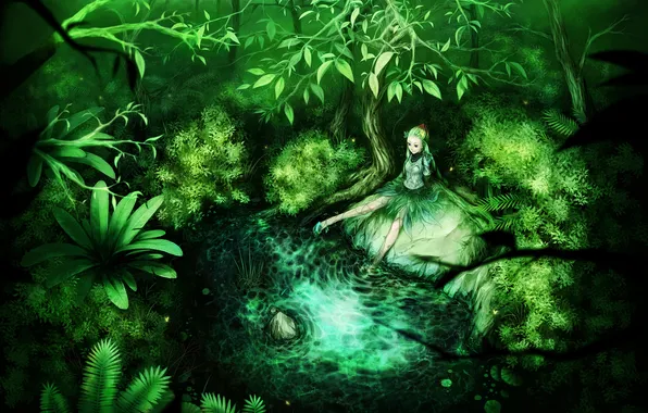 Greens, forest, pond, fairy