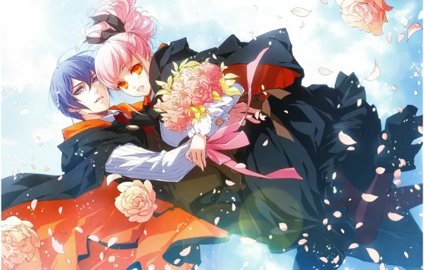 Rose petals, blue sky, pink hair, wand of fortune, lulu, visual novel, a bouquet of …