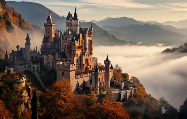Autumn, fog, castle, rocks, autumn, view, rocks, castle