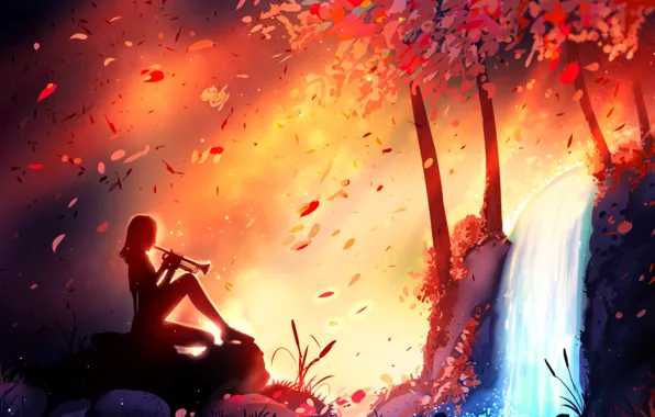 Picture girl, sunset, stones, the wind, waterfall, silhouette, pipe, falling leaves