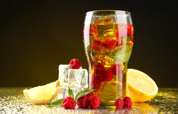 Picture raspberry, lemon, food, ice, glass, drink