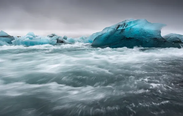 Ice, winter, sea, wave, the sky, water, clouds, overcast