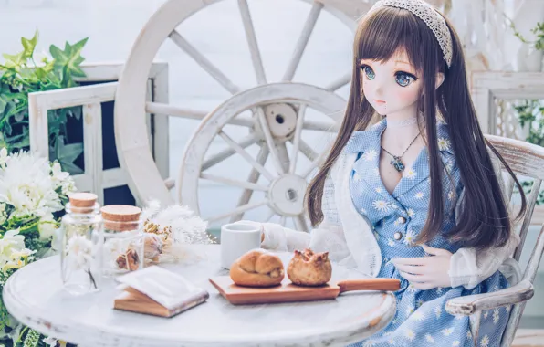 Girl, doll, the tea party, book, cake