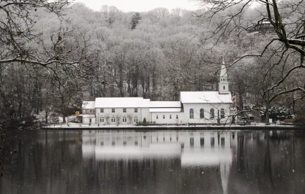 Picture snow, lake, reflection, Church, lake, reflection, church, snowing