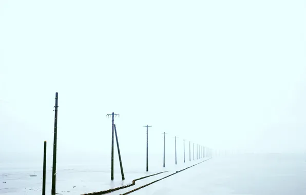 Field, fog, power lines