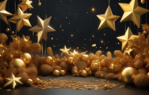 Stars, balls, lights, the dark background, gold, Shine, sequins, Christmas