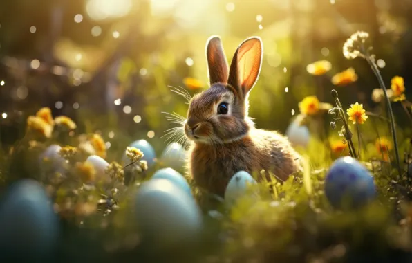 Look, light, flowers, nature, holiday, glade, hare, eggs