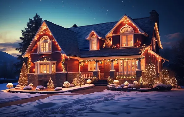 Snow, decoration, night, lights, house, tree, colorful, Christmas