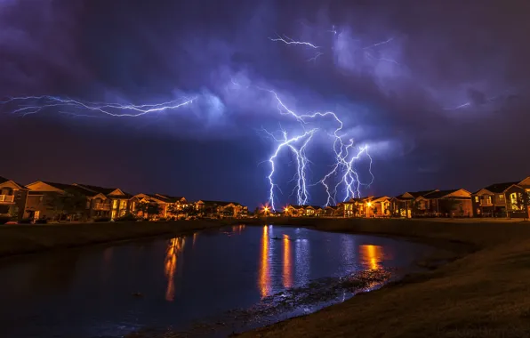 Night, The city, River, Lightning, Night, River, Town