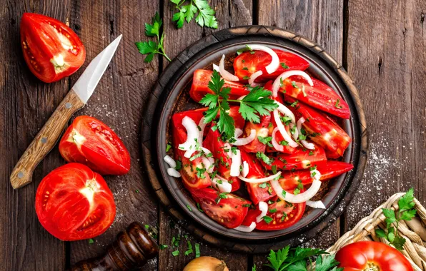 Picture bow, tomatoes, wood, parsley, salad, cutting Board