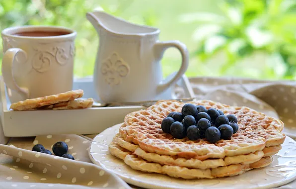 Picture berries, coffee, Breakfast, blueberries, waffles