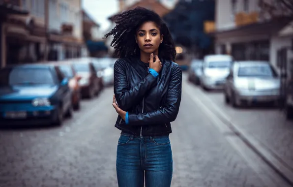 Look, machine, the city, pose, model, portrait, jeans, makeup