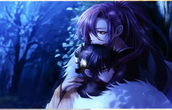 Smile, hugs, hairstyle, two, long hair, shin, in the woods, white fur