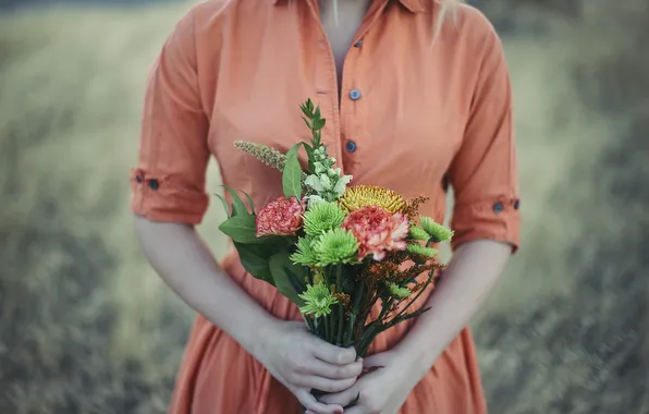 Girl, flowers, bouquet, dress
