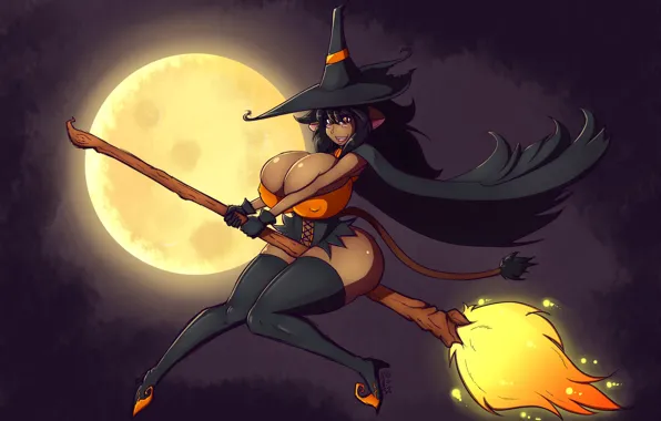 Picture the moon, witch, broom, Halloween, halloween