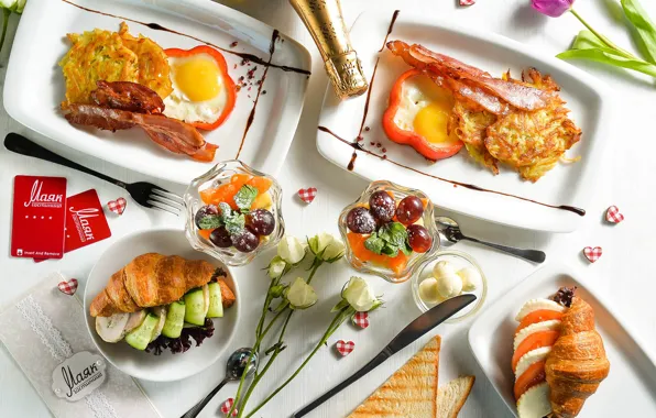 Pepper, scrambled eggs, toast, croissant, pancakes