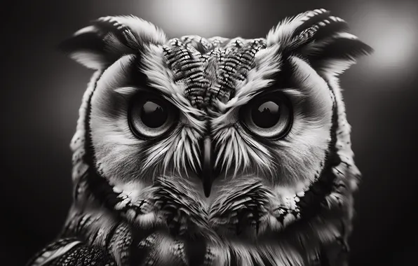 Look, owl, bird, portrait, monochrome, black and white photo, owl, AI art