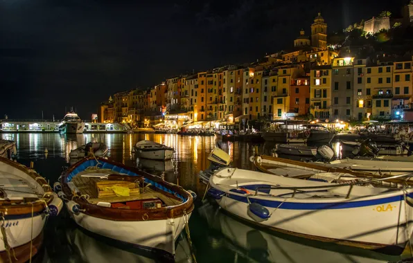 Night, lights, coast, home, boats, Italy, piers, Liguria