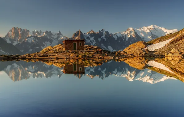 Mountains, lake, reflection, France, Alps, hut, France, Alps