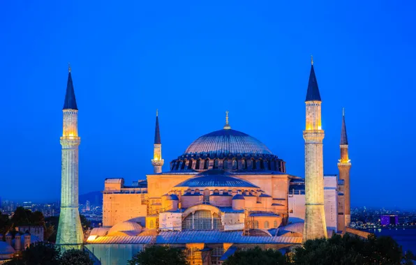 Night, lights, Istanbul, Turkey, Hagia Sophia