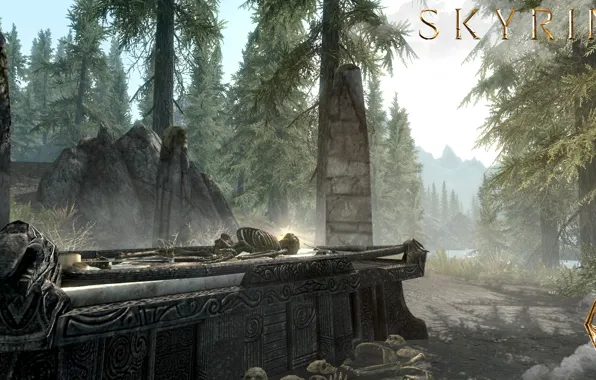 Picture forest, mountains, bones, skeleton, the sarcophagus, headstone, Skyrim, The Elder Scrolls V