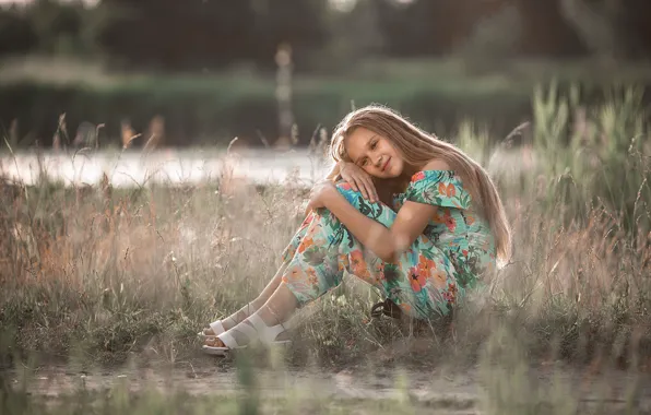 Picture grass, water, nature, dress, girl, sandals, Rus, teen