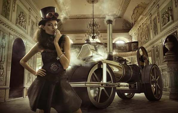 Look, girl, retro, hat, car, fashion, cylinder