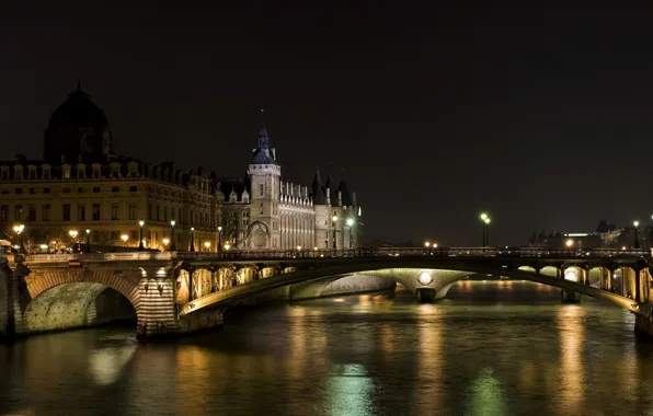 Water, night, bridge, the city, lights, building, Paris, channel