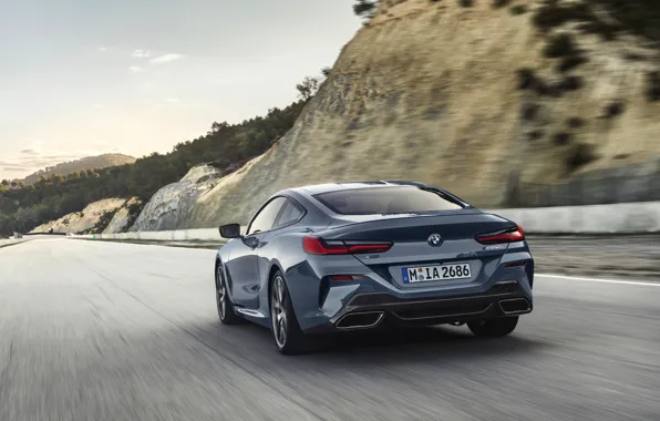 Road, the sky, hills, vegetation, coupe, BMW, rear view, Coupe