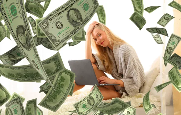 Girl, Smile, Laptop, USA, Money, Woman, Dollars, 100