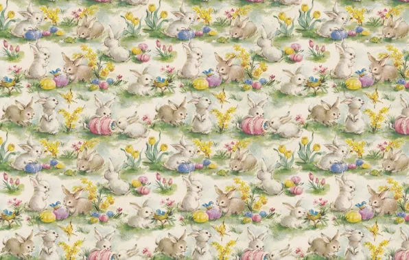 Flowers, background, spring, rabbit, Easter, the Easter Bunny, eggs, texture. art