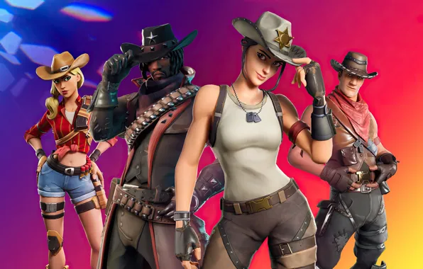 Girls, guys, cowboys, hats, Fortnite