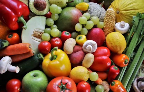 Lemon, mushrooms, corn, grapes, fruit, vegetables, tomatoes, carrots