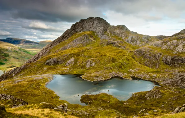 Picture grass, mountains, rock, lake, stones, mountain, moss