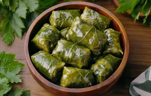 Leaves, table, Board, food, bowl, dish, dolma, cabbage rolls