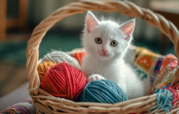 Cat, white, look, tangle, pose, kitty, face, basket