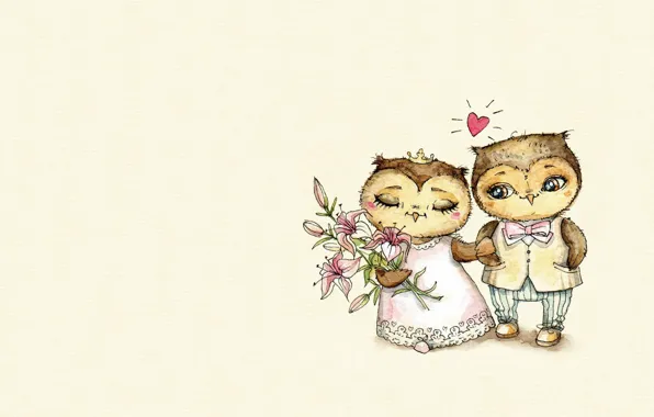 Picture mood, holiday, owl, heart, art, the bride, wedding, the groom