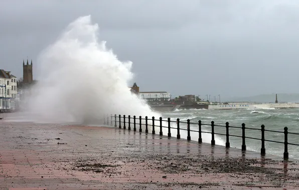 Picture sea, storm, the city, the fence, wave, the fence