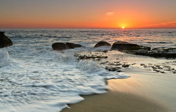 Sand, sea, wave, beach, the sun, sunset, stones, shore
