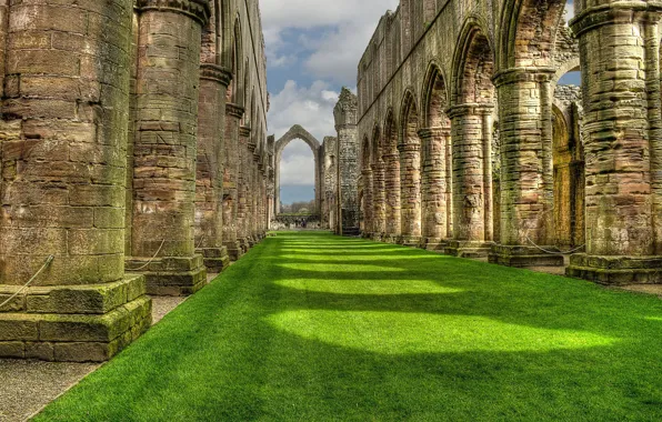The sky, grass, clouds, England, arch, ruins